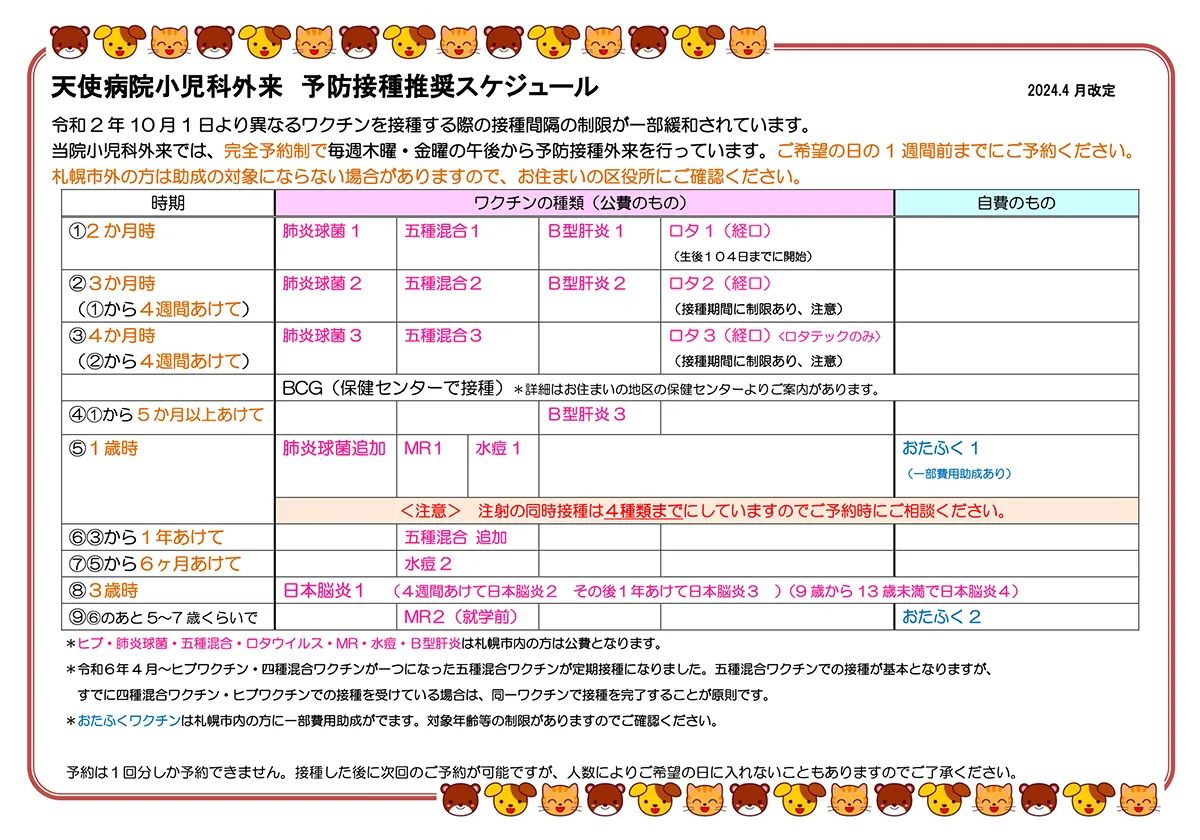 天使病院予防接種推奨スケジュール